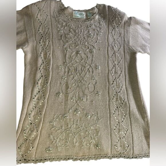 Colleens Collectables  Vintage Sweater Knit Beaded Pullover Ramie Cottage Size M - Picture 2 of 11